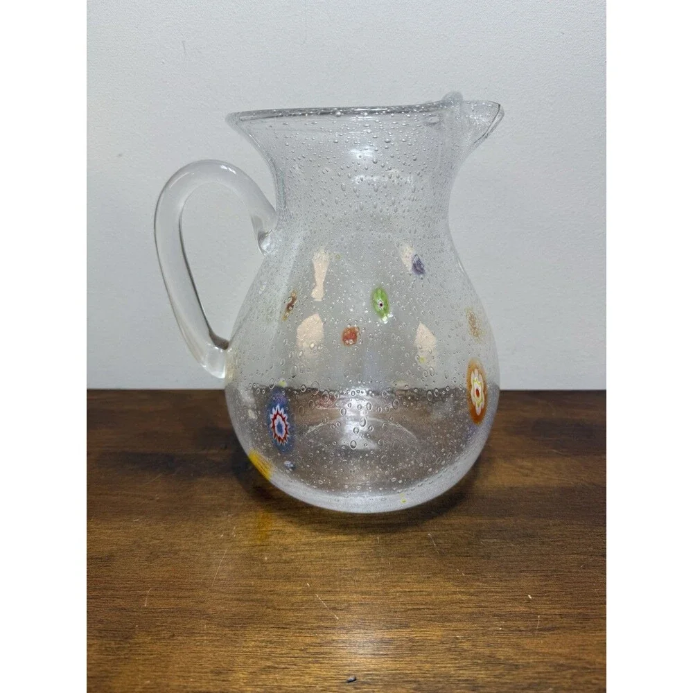 Crate & Barrel Zazz Millefiori 8.5” Hand-Blown Bubble Art Glass Pitcher Whimsy